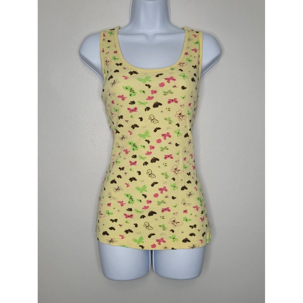 Zoey Beth yellow butterfly all over print cute form fitting tank top size large